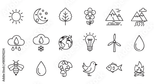 Line Art Weather and Nature Icons Representing Various Ecological Aspects