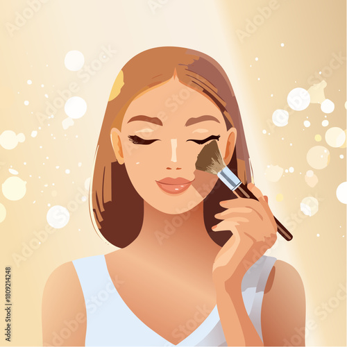 Close-up Illustration of a Woman Applying Makeup, Soft Lighting and Gentle Application