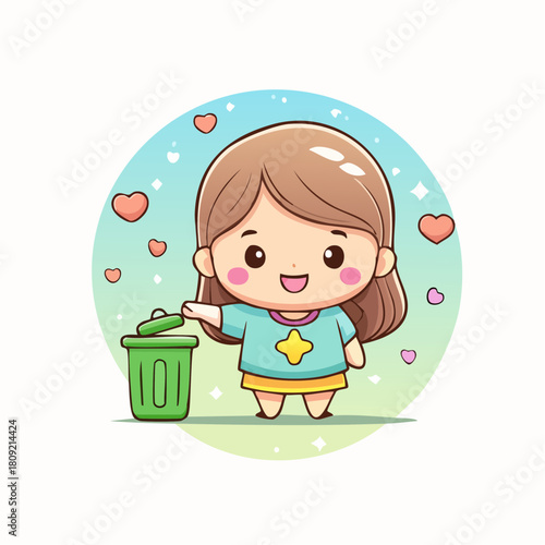 Adorable kawaii girl character putting trash in a bin, promoting cleanliness and environmental responsibility in a cute cartoon chibi style