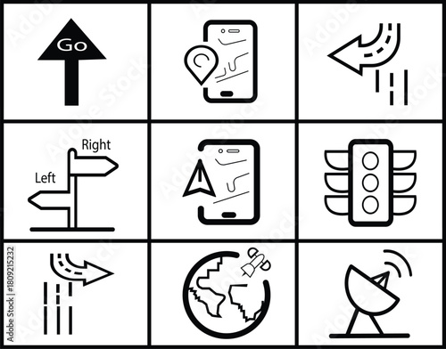 A collection of nine black and white line art icons related to navigation, transportation, and GPS technology. Includes symbols for location tracking, smartphone map apps, road signs0
