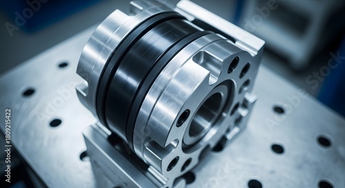 Close up of a metal mechanical part with holes and black rings on a metal grid surface