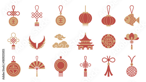 Chinese New Year Symbols and Decorative Icons Set