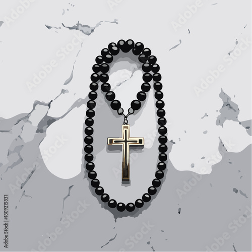 Elegant vector illustration of a modern minimalist rosary with lustrous black beads and a striking golden crucifix, set against a textured, cracked white surface