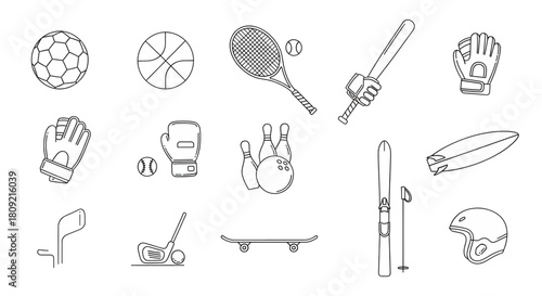 Set of various sports equipment icons in a minimalist line art style for web and print design