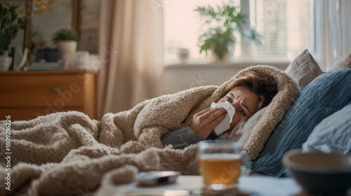 Ill person resting in a cozy bedroom with tissues and hot tea during flu at home