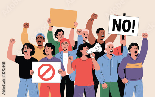 Protestors with Signs and Megaphone Raising Fists in Solidarity