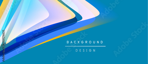 Abstract design features layered shapes, vibrant colors, smooth gradients. Blue dominates background, creating modern aesthetic.