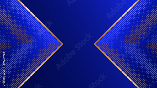 Blue abstract background with gold triangular pattern, symmetrical frame, gates shape