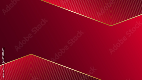 Red gradient abstract background with gold lines, 3d geometric pattern and shadows. 