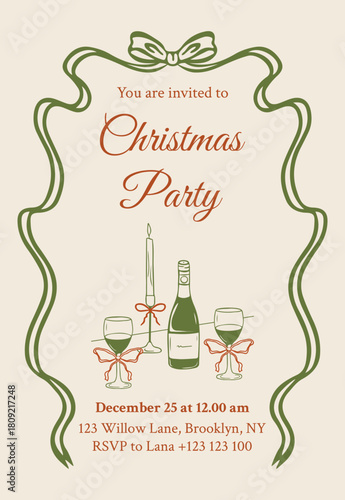 Vintage Christmas party invitation. Vector flyer template with doodle champagne bottle, glasses and candle with bow.