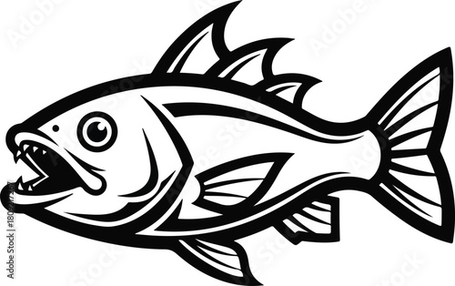 Aggressive fish illustration with sharp teeth and detailed fins ready to attack.