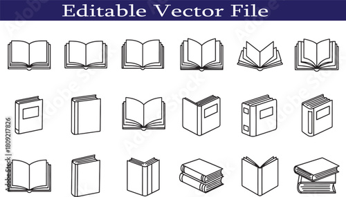 Collection of Minimalist Book Icons Depicting Various Angles and Styles in Simple Black and White Vector Graphic for Education or Library Resources and Publishing Designs