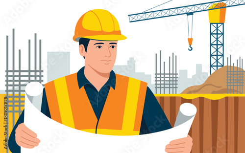 Construction worker reviewing blueprints on a building site with crane