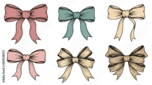 Set of six colorful decorative bows in a classic retro sketch style