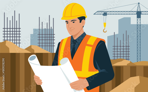 Construction worker in safety vest and hard hat reviewing blueprints at construction site