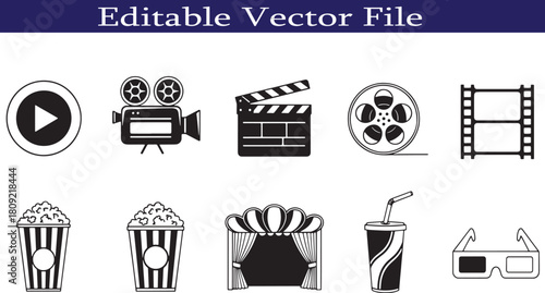 Collection of movie icons representing filmmaking and entertainment industries black and white vector design suitable for graphics film production marketing and promotional materials