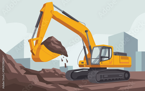 Yellow excavator digging soil with a pile of dirt in the bucket, construction site
