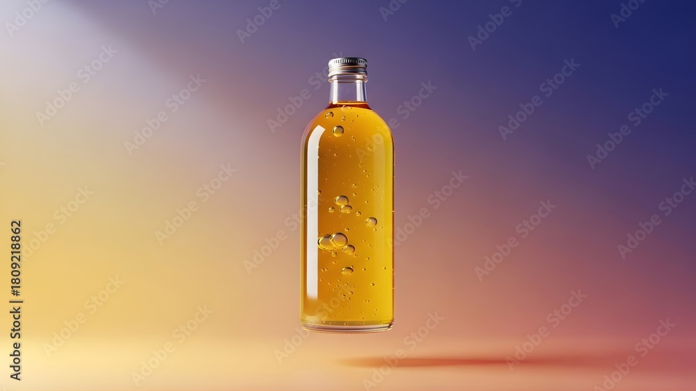 Fototapeta premium A clear glass bottle containing vibrant golden olive oil