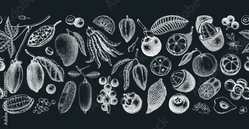 Exotic fruit background. Tropical plants hand drawn vector illustration on chalkboard. Healthy food seamless border design. NOT AI generated