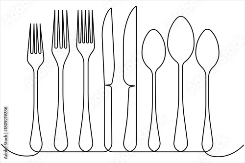 One continuous line art drawing of fork, spoon and knife  set design. Single line art of food tools for restaurant menu, poster or banner in linear minimalist design vector illustration