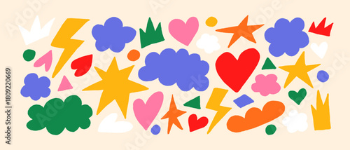 Colorful trendy abstract geometric shape set with modern elements doodles. Vector collage drawing style forms collection, background