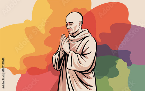 Praying Monk with Colorful Abstract Background Vector Illustration
