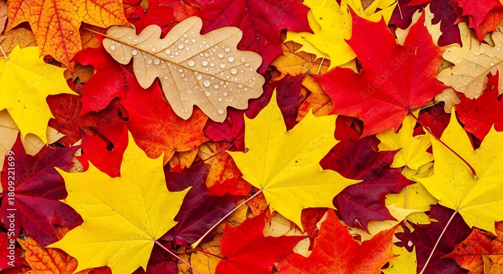 Obraz premium Vibrant Autumn Leaf Background Texture with Red Yellow and Wet Oak Leaves
