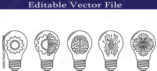 Creative Concept of Technological Advancement and Innovation Represented Through Light Bulbs with Gears Brain and Circuit Board Designs Highlighting the Convergence of Ideas and Technology