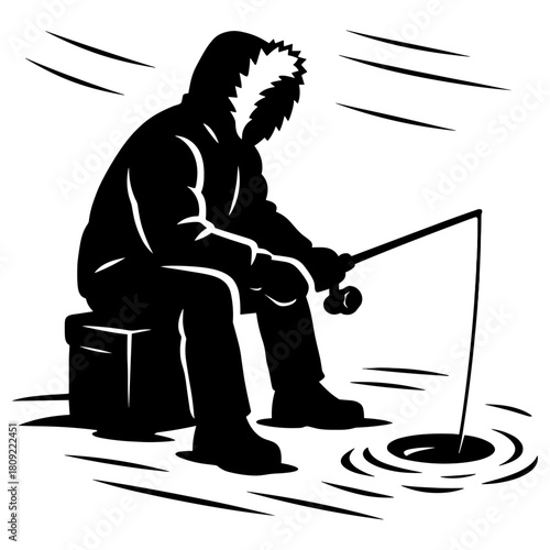 Person ice fishing in winter cold illustration