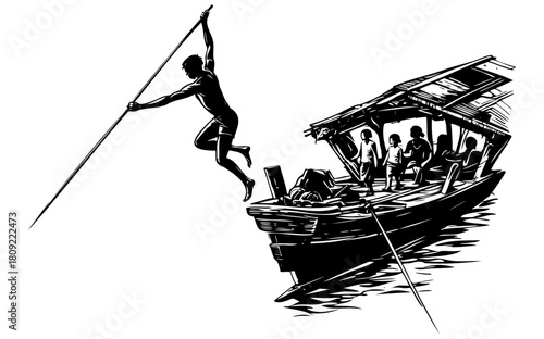 Man diving with spear from boat illustration