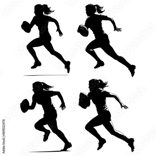 Female rugby players running with ball silhouette set
