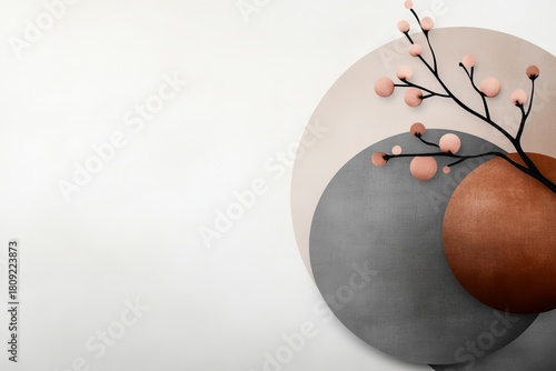 Abstract artwork displays overlapping circles and a stylized branch with spherical elements against a plain background.