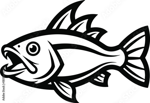 Detailed black and white illustration of a fish with open mouth and sharp teeth.