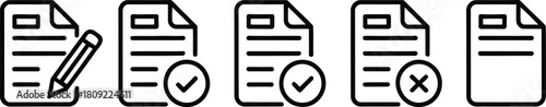 Five document icons showing editing and status with pencil and checkmarks