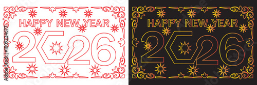 Happy 2026 New Year decorative vector icons A set of 2026 designs featuring bold numerals, festive ornaments, and contrasting light–dark color themes for celebration graphicsEPS10/AI.