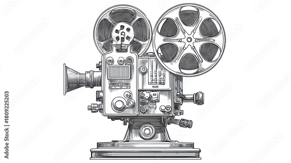 Obraz premium Detailed grayscale illustration of a vintage, film movie projector on a white background