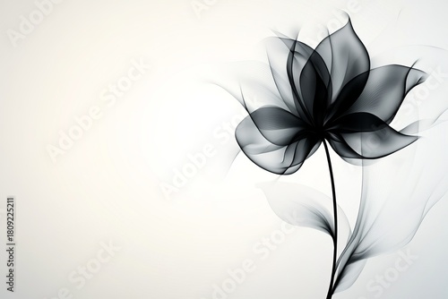 Abstract flower with dark translucent petals and stem sits on a stark white background, creating a minimalist aesthetic.