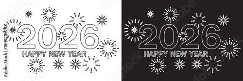 Happy 2026 New Year decorative vector icons A set of 2026 designs featuring bold numerals, festive ornaments, and contrasting light–dark color themes for celebration graphicsEPS10/AI.