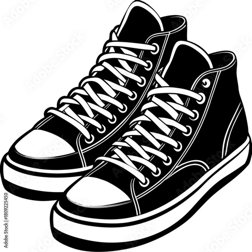 A pair of hightop sneakers isolated on, showcasing their classic design with white laces and rubber soles, perfect for athletic activities or casual streetwear fashion