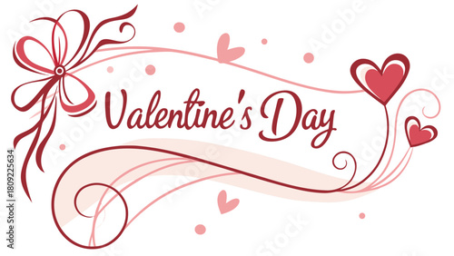 Valentine's day design with hearts, ribbon, swirls, and the words valentine's day in cursive script