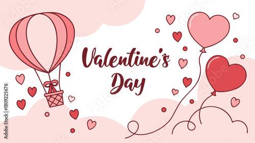 Valentine's day themed illustration with heart balloons, hot air balloon and pink clouds design element