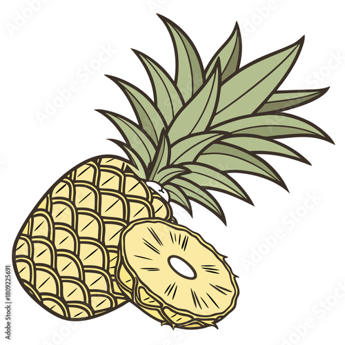 A vibrant pineapple and a slice, isolated on, showcase the tropical fruits spiky exterior and juicy interior, inviting a taste of sunshine and exotic flavors