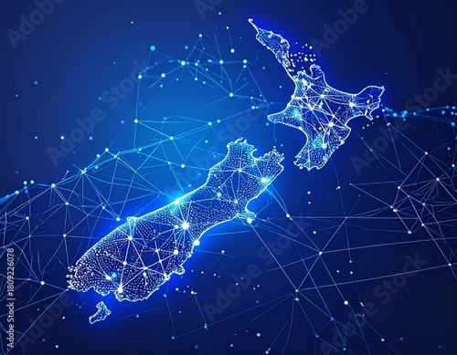 A glowing, interconnected map of New Zealand shines with digital connections, symbolizing technology and national unity. The image captures innovation, connectivity, and futuristic design.