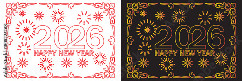 Happy 2026 New Year decorative vector icons A set of 2026 designs featuring bold numerals, festive ornaments, and contrasting light–dark color themes for celebration graphicsEPS10/AI.