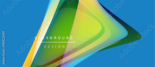 Abstract vibrant design features overlapping colorful shapes. Gradient hues create dynamic visual effect. Blue background enhances contrast.