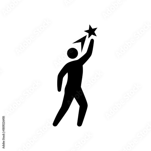 A clean minimalist vector image of a black silhouette figure stretching upward to touch a bright star, representing the pursuit of excellence and high goals