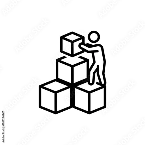 A clean minimalist vector image of a warehouse worker carefully placing cardboard boxes onto high shelves in a professional storage room