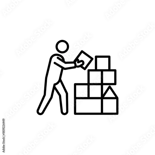 A clean minimalist vector image of a warehouse worker carefully placing cardboard boxes onto high shelves in a professional storage room