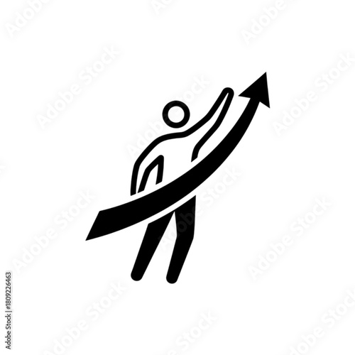 A clean minimalist vector image of an individual triumphantly jumping upward alongside rising arrows to represent personal growth, success, and positive momentum