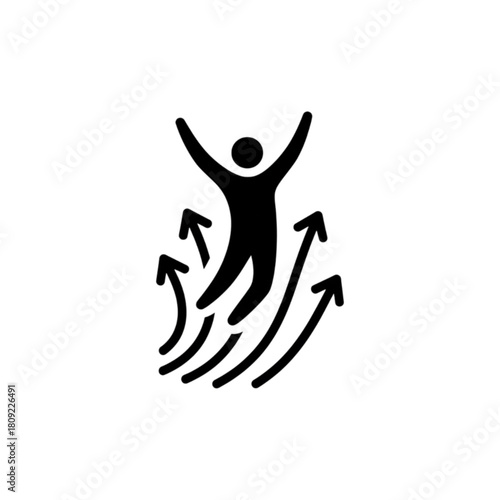 A dynamic minimalist vector image of a triumphant person jumping up with rising arrows to symbolize breakthrough, success, and personal growth